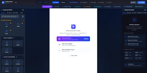 PostBrix drag-and-drop email builder interface showing the visual editor with component palette, AI generator, email canvas, and design properties panel in dark mode