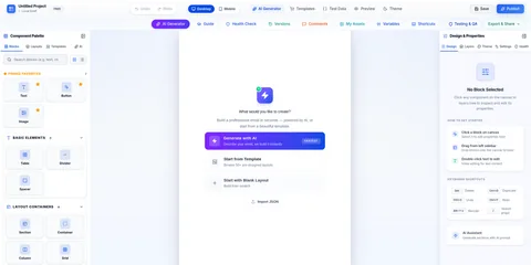 PostBrix drag-and-drop email builder interface showing the visual editor with component palette, AI generator, email canvas, and design properties panel in light mode