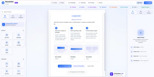 PostBrix drag-and-drop email builder interface showing the visual editor with blocks panel, canvas, and properties panel